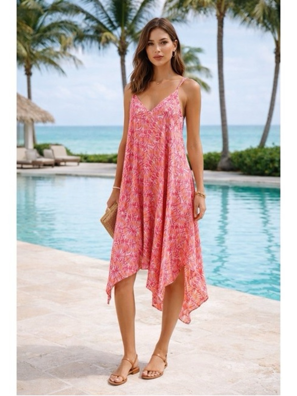 Vineyard Vines Pink and Orange Seashell Print Handkerchief Hem Midi Dress